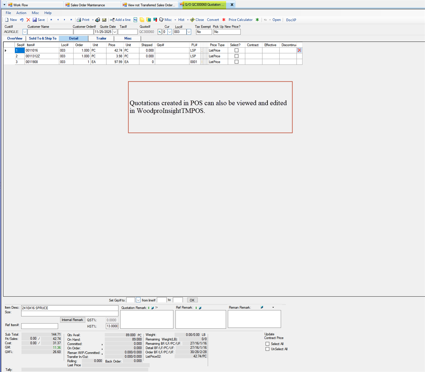 Quotation in WoodproInsightTMPOS