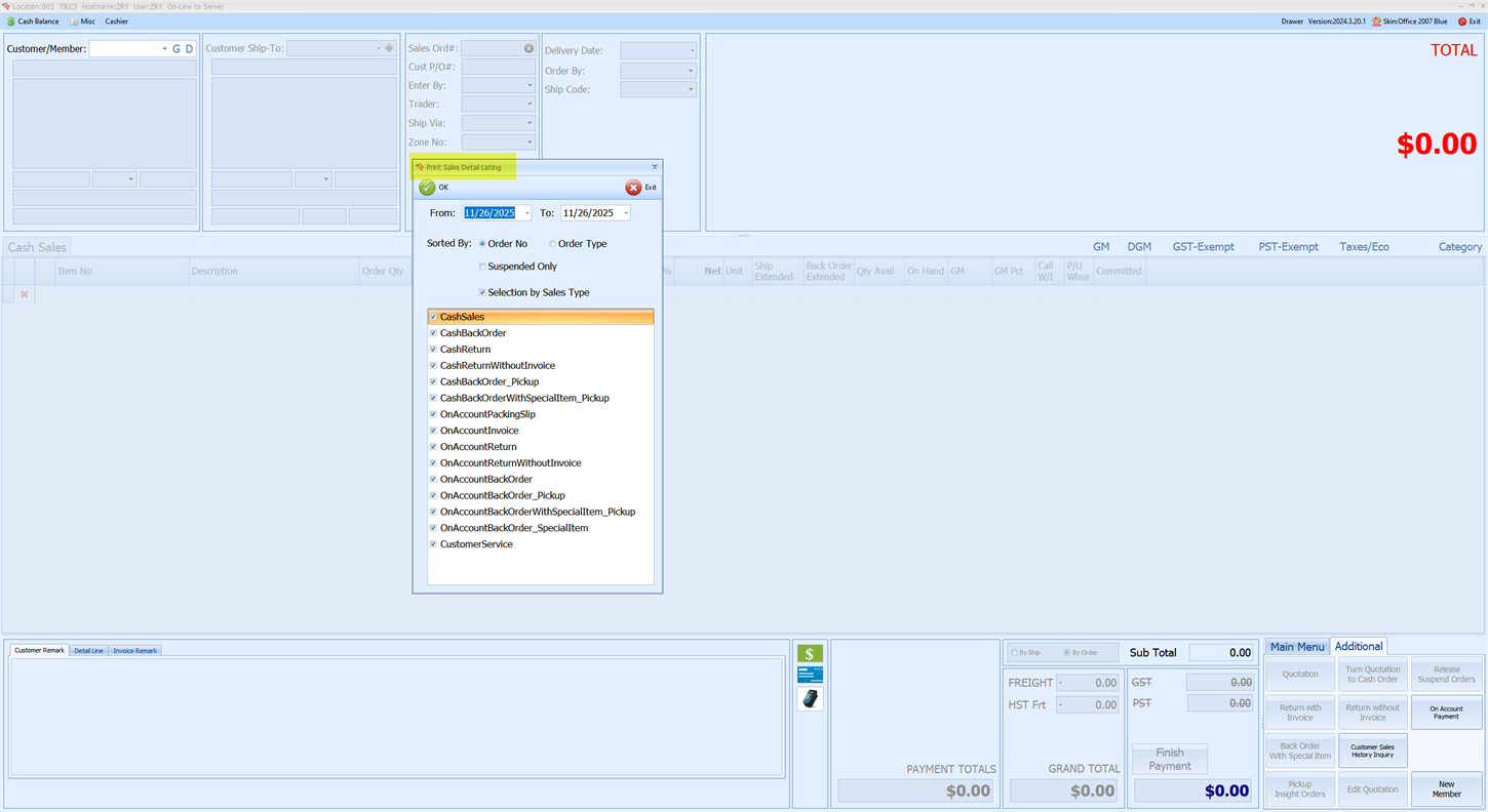 Print Cash Detail Listing