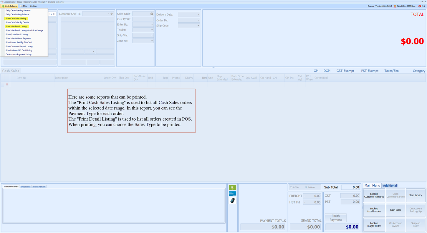 Print Cash Sales/Detail Listing