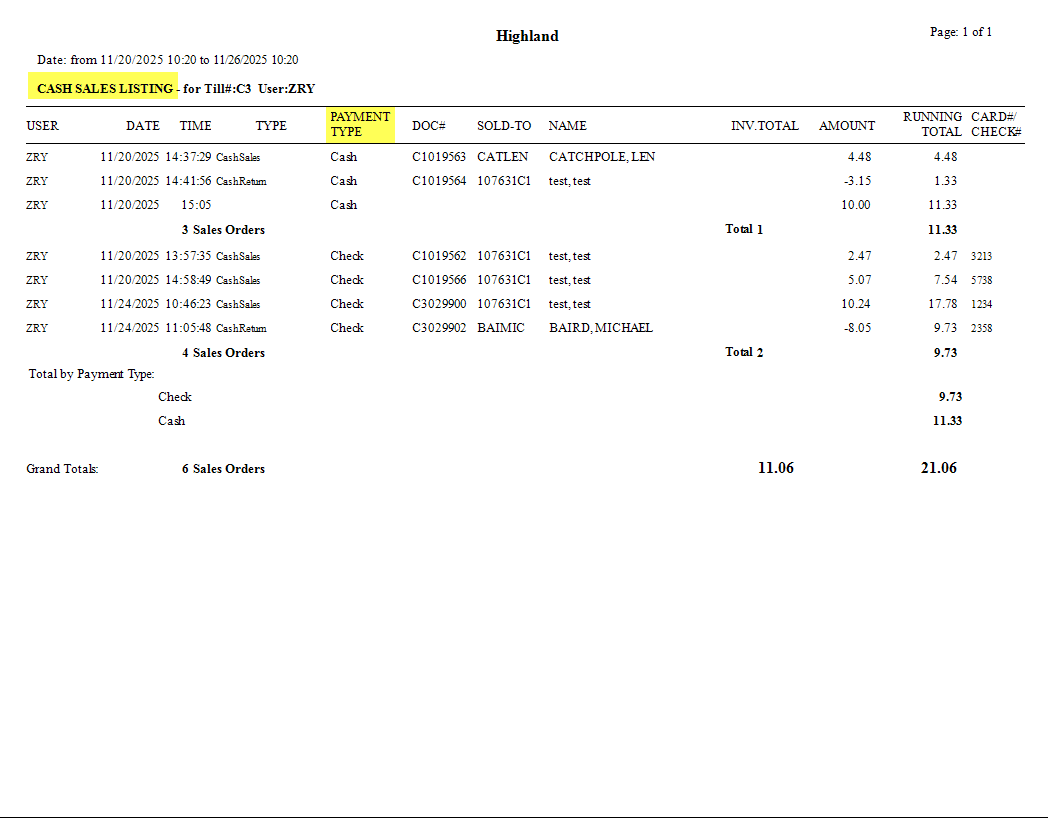 Print Cash Sales Listing