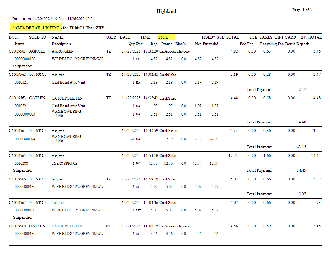 Print Cash Detail Listing