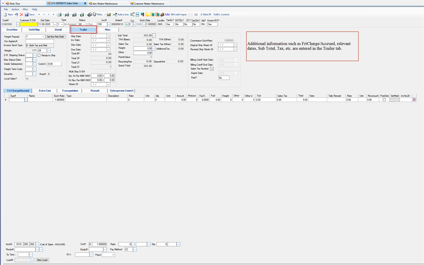 Sales Order Maintenance Trailer tab