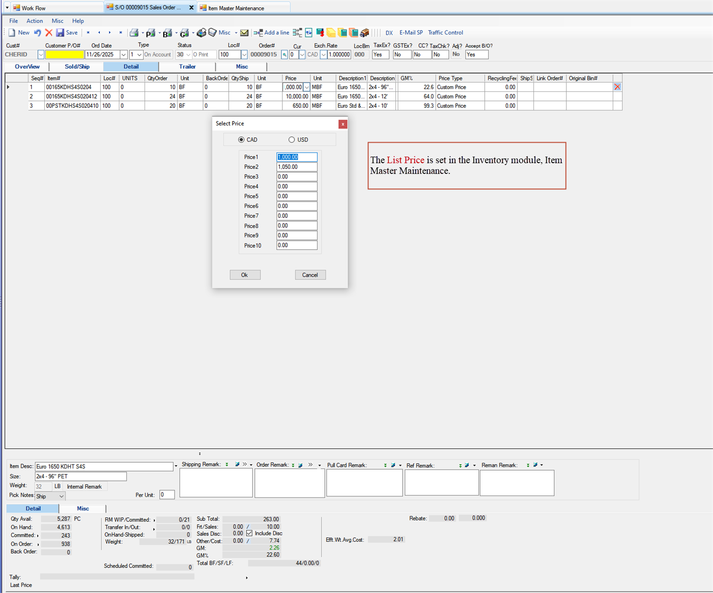 Sales Order Maintenance Detail tab - Enter the Price