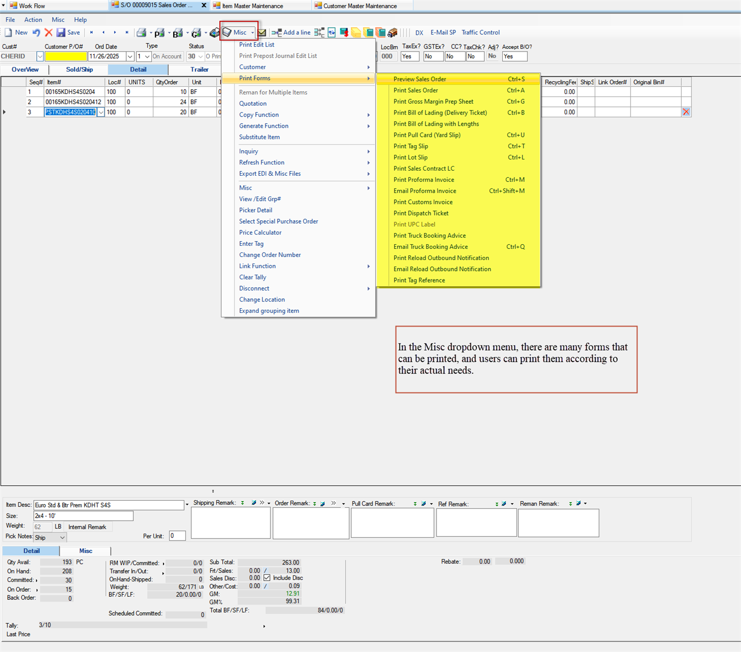 Sales Order Maintenance - Misc button