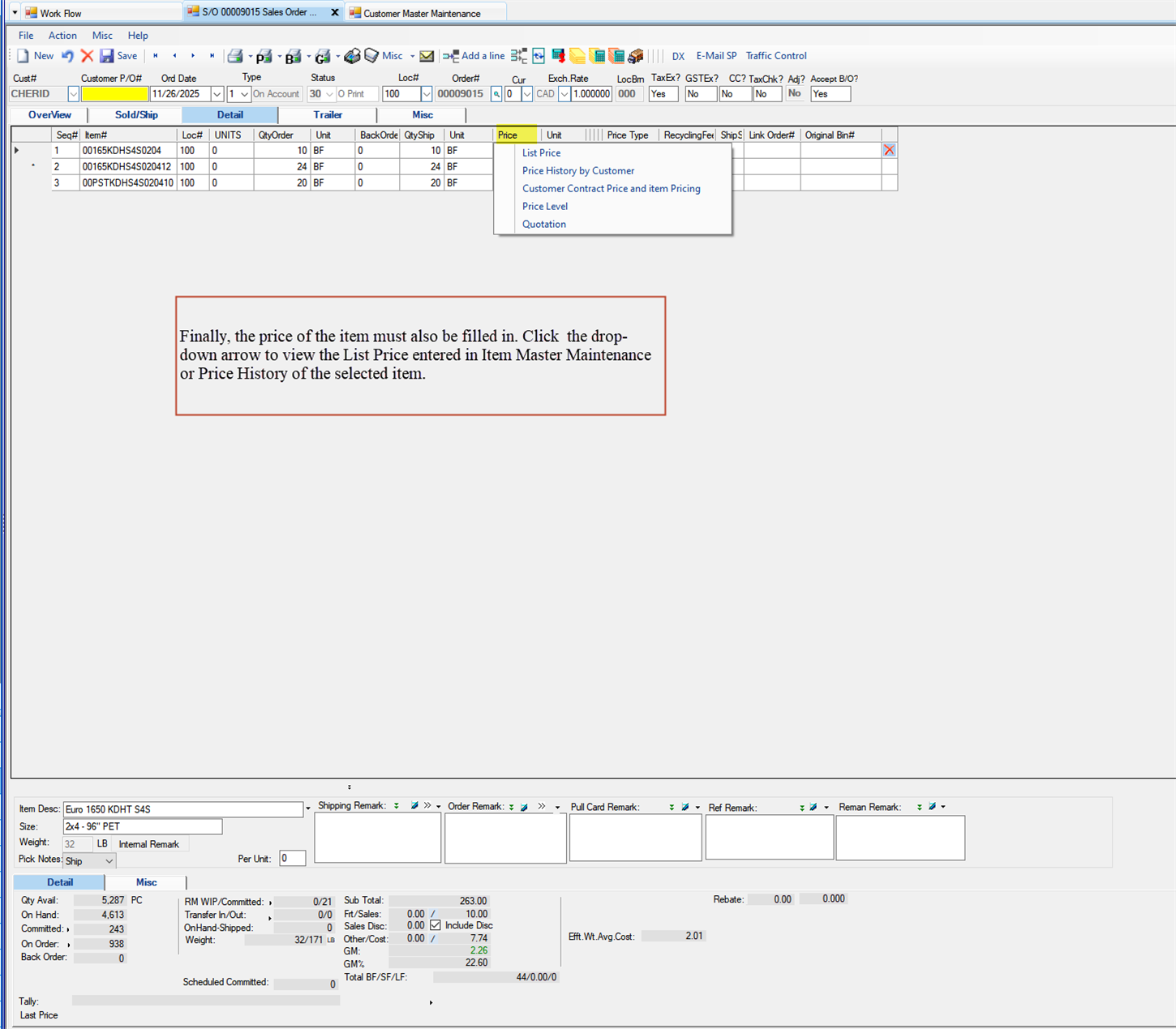 Sales Order Maintenance Detail tab - Enter the Price