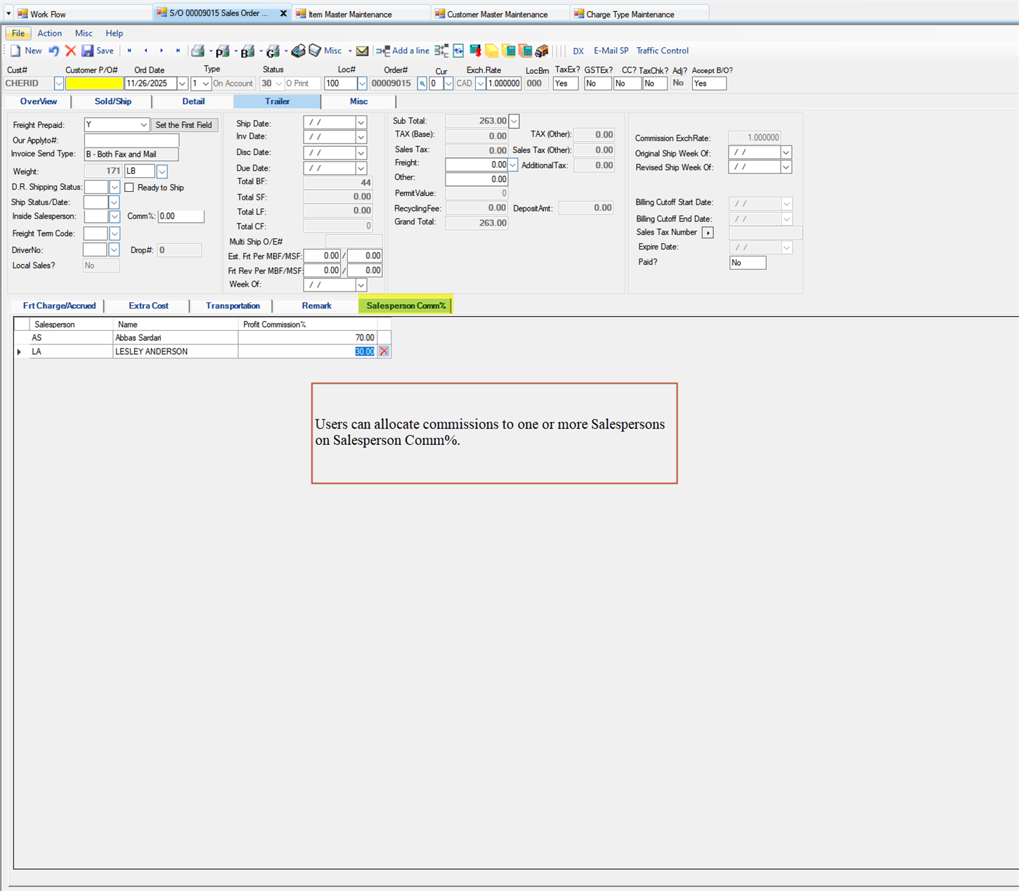 Sales Order Maintenance Trailer tab - Salesperson Comm% tab