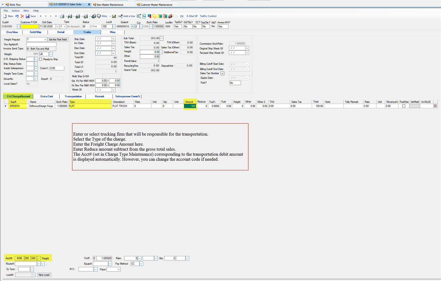 Sales Order Maintenance Trailer tab - Frt Charge/Accrued tab