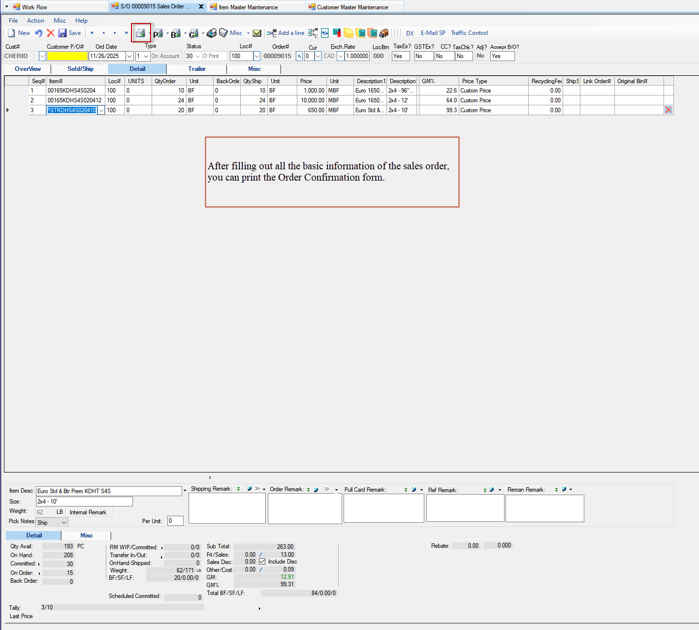 Sales Order Maintenance - Print Sales Acknowledgement form