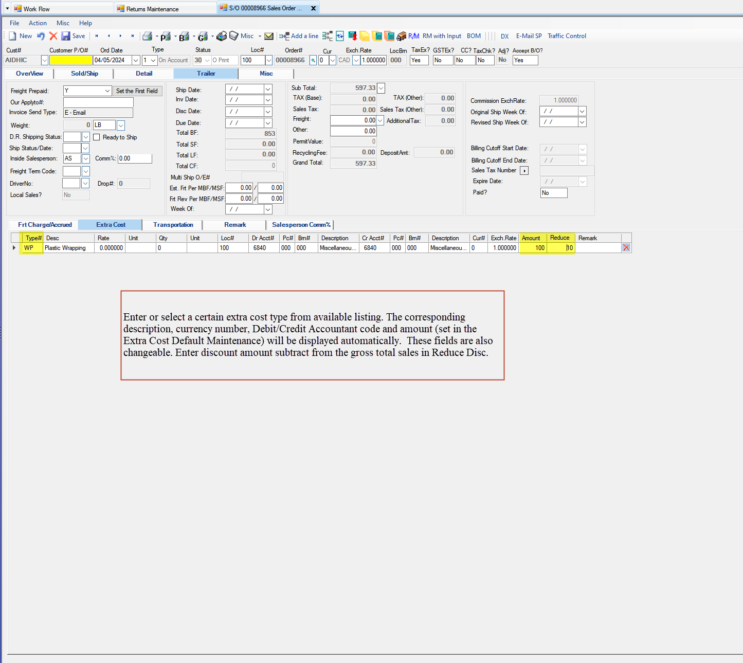 Sales Order Maintenance Trailer tab - Extra Cost tab