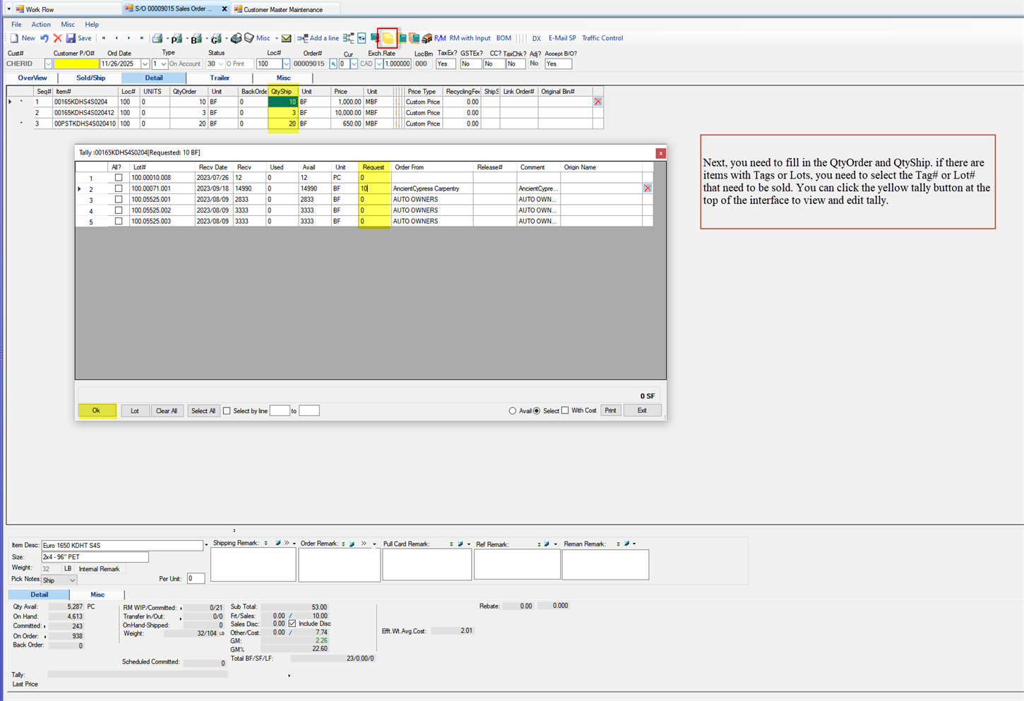 Sales Order Maintenance Detail tab - Enter the Qty