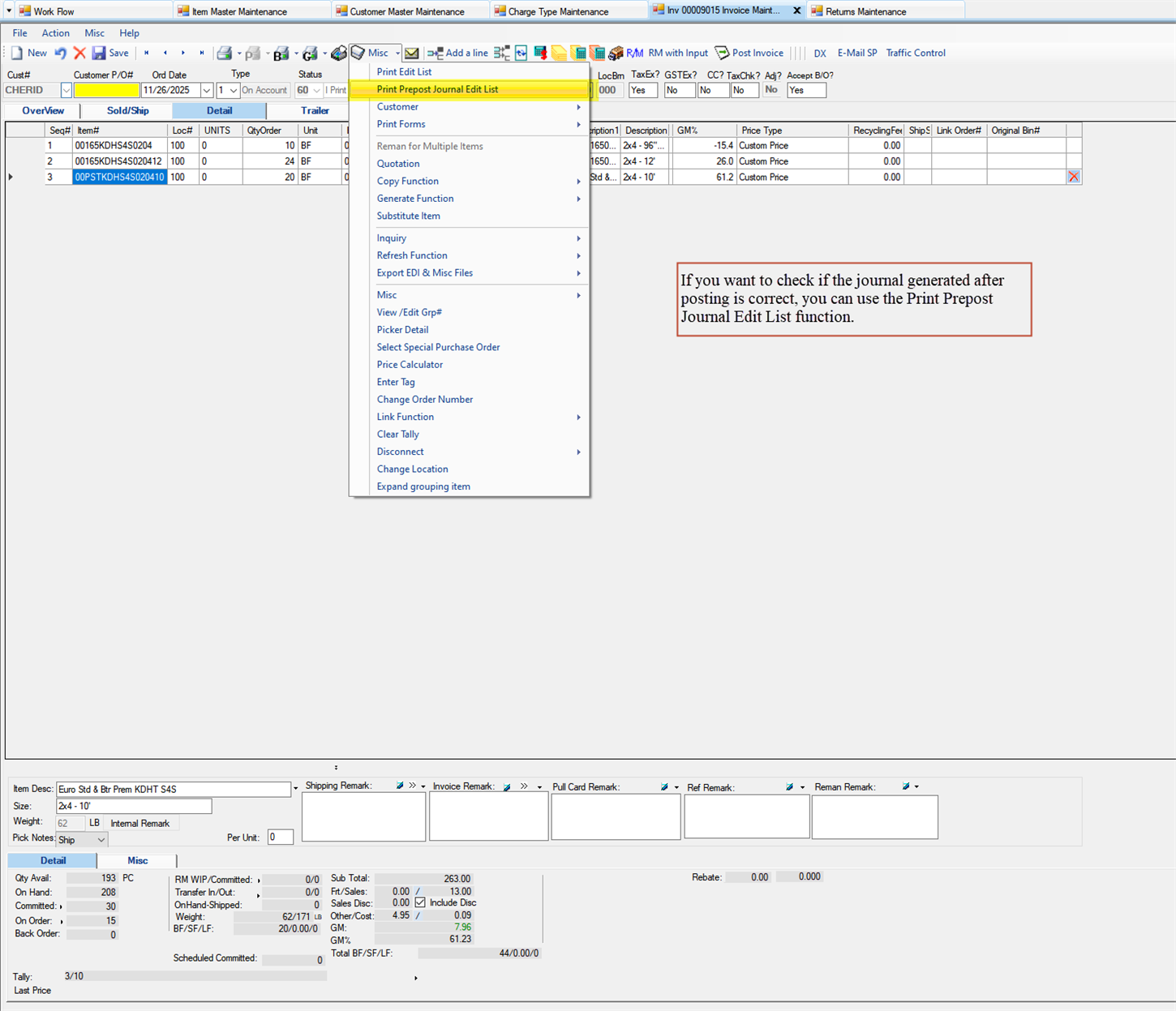Invoice Maintenance - Print Prepost Journal Edit List