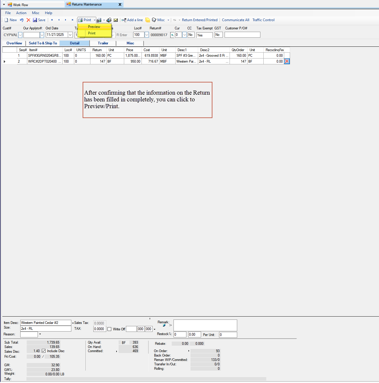 Return Maintenance Detail tab - Print Return form