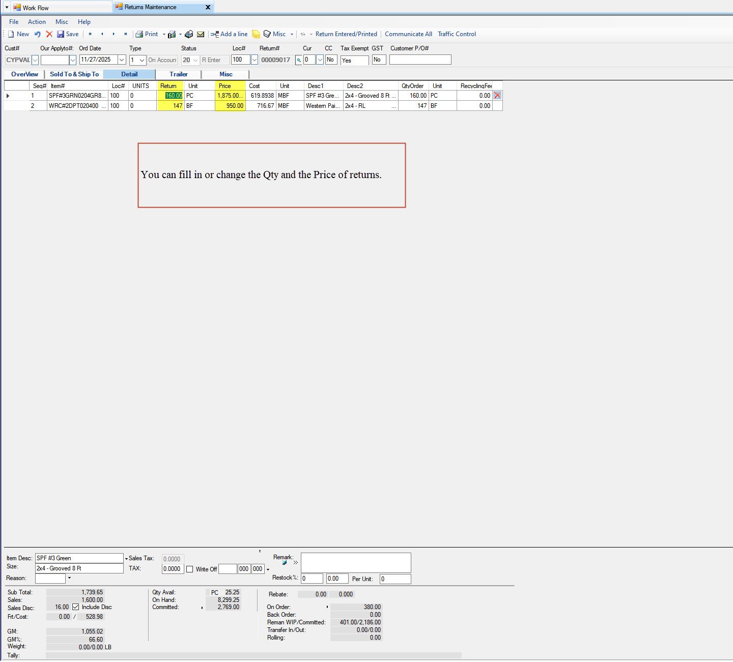 Return Maintenance Detail tab - Enter the Qty and Price