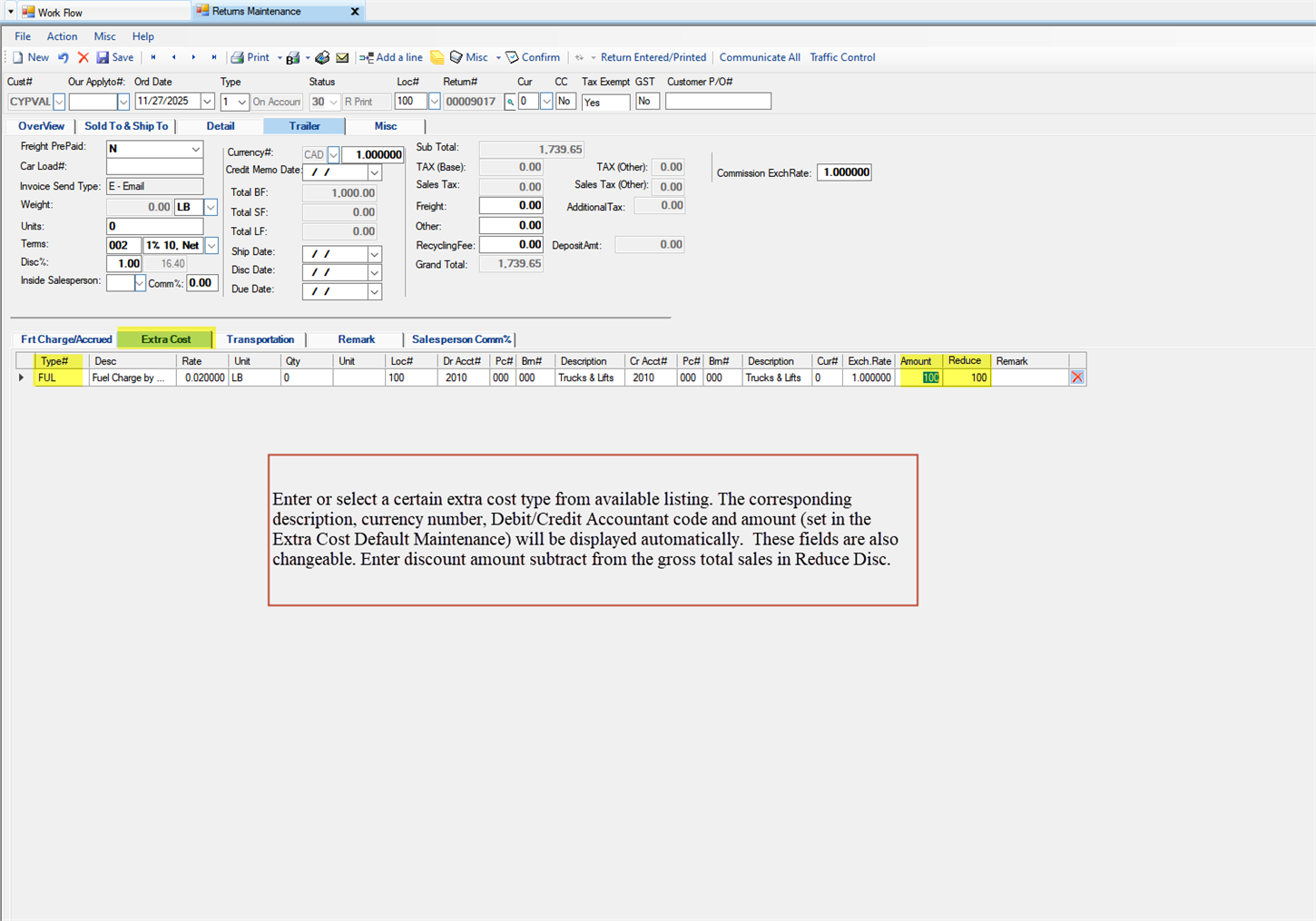 Return Maintenance Detail tab - Extra Cost tab