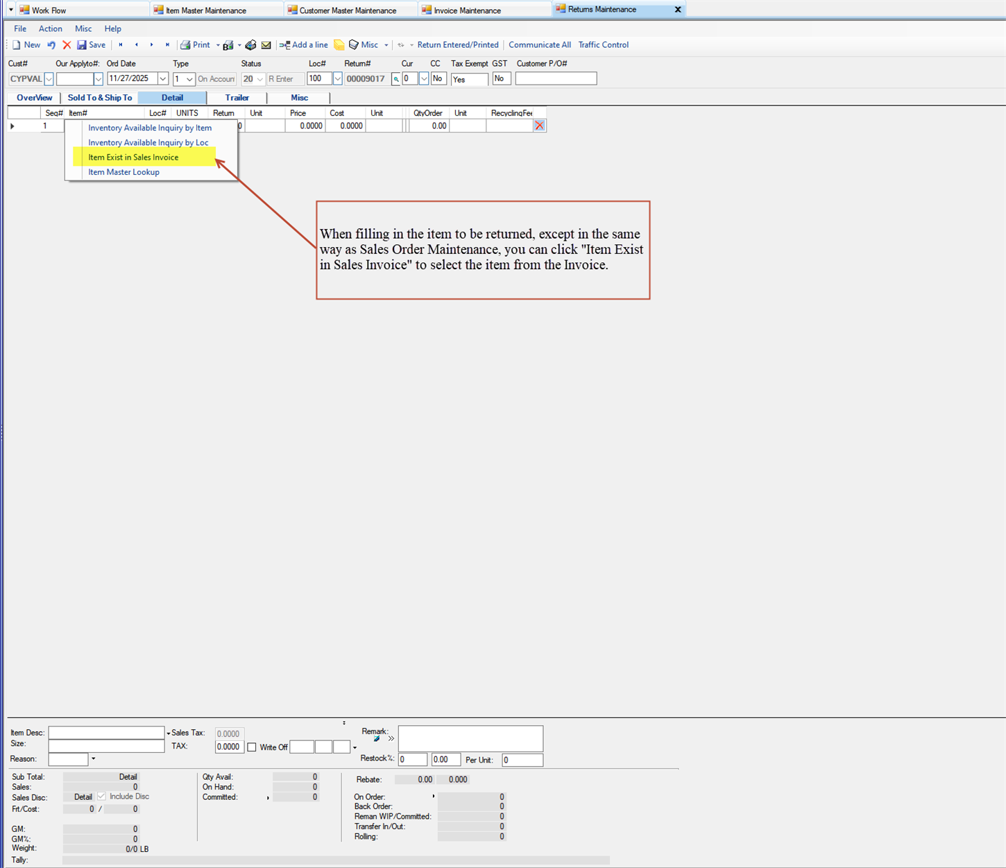 Return Maintenance Detail tab - Enter the Items