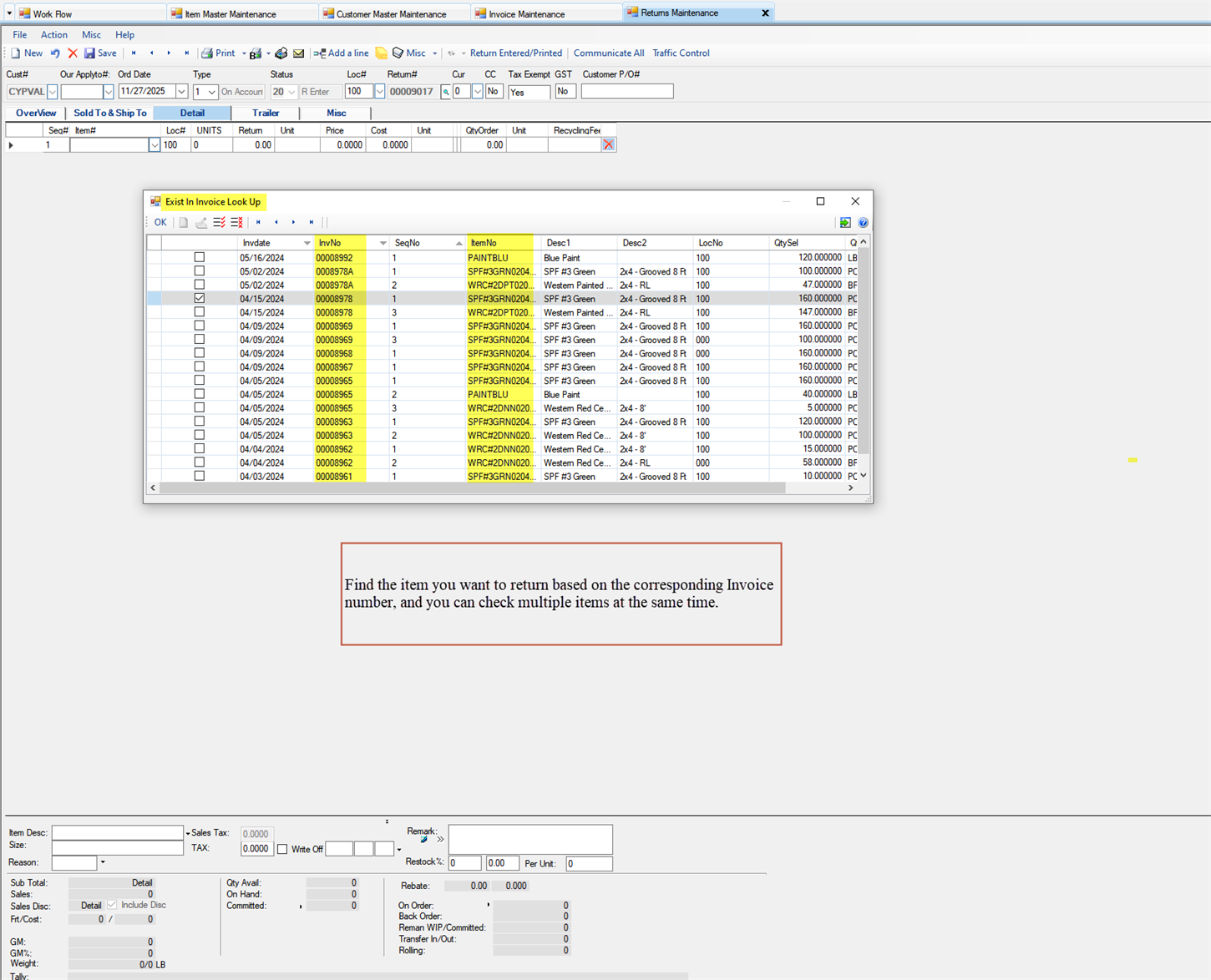 Return Maintenance Detail tab - Enter the Items