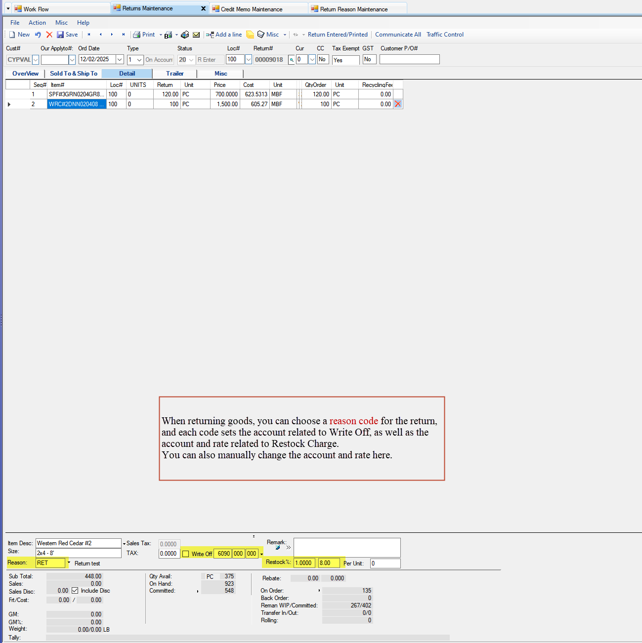 Return Maintenance Detail tab - Select Return Reason