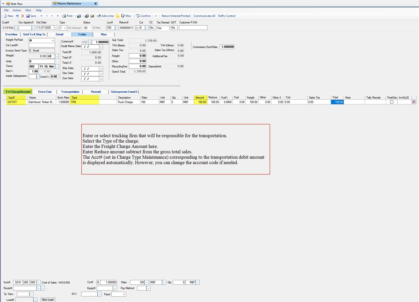 Return Maintenance Detail tab - Frt Charge/Accrued tab