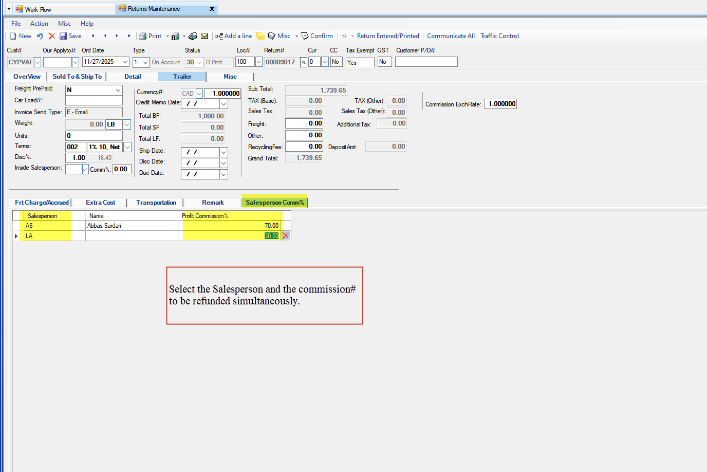 Return Maintenance Detail tab - Salesperson Comm% tab