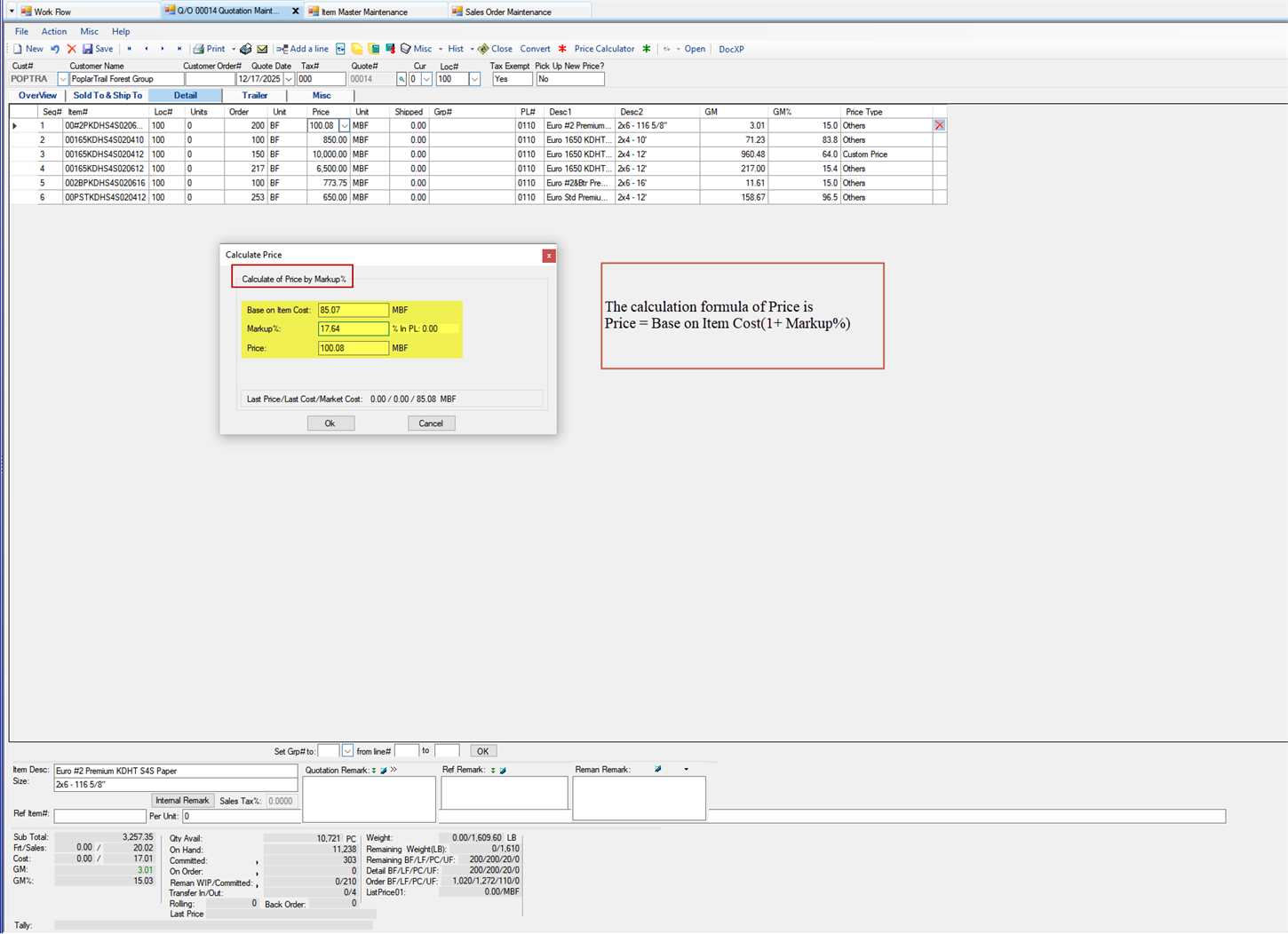 Quotation Maintenance Detail tab - Enter the Price