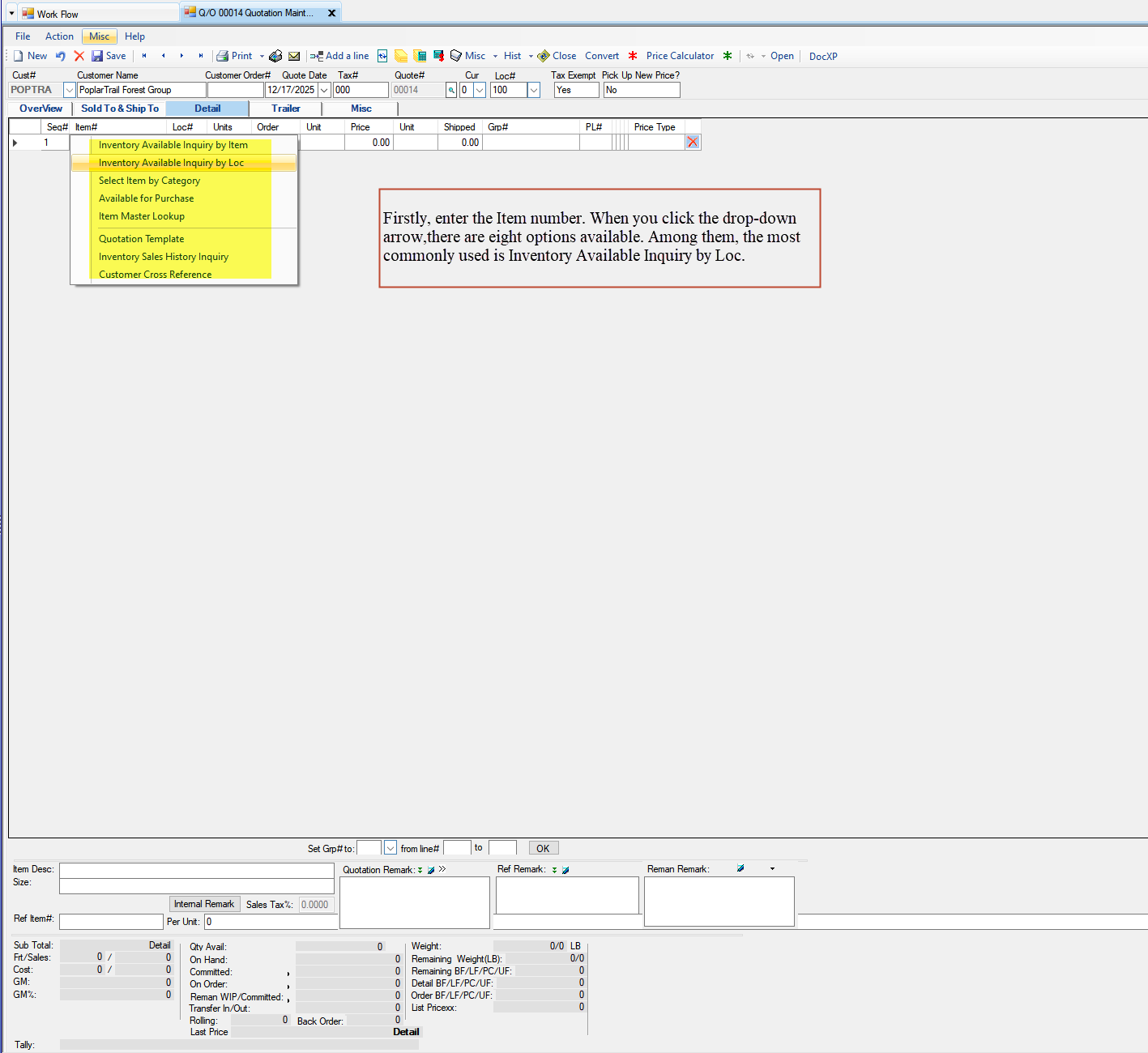 Quotation Maintenance Detail tab - Enter the Items
