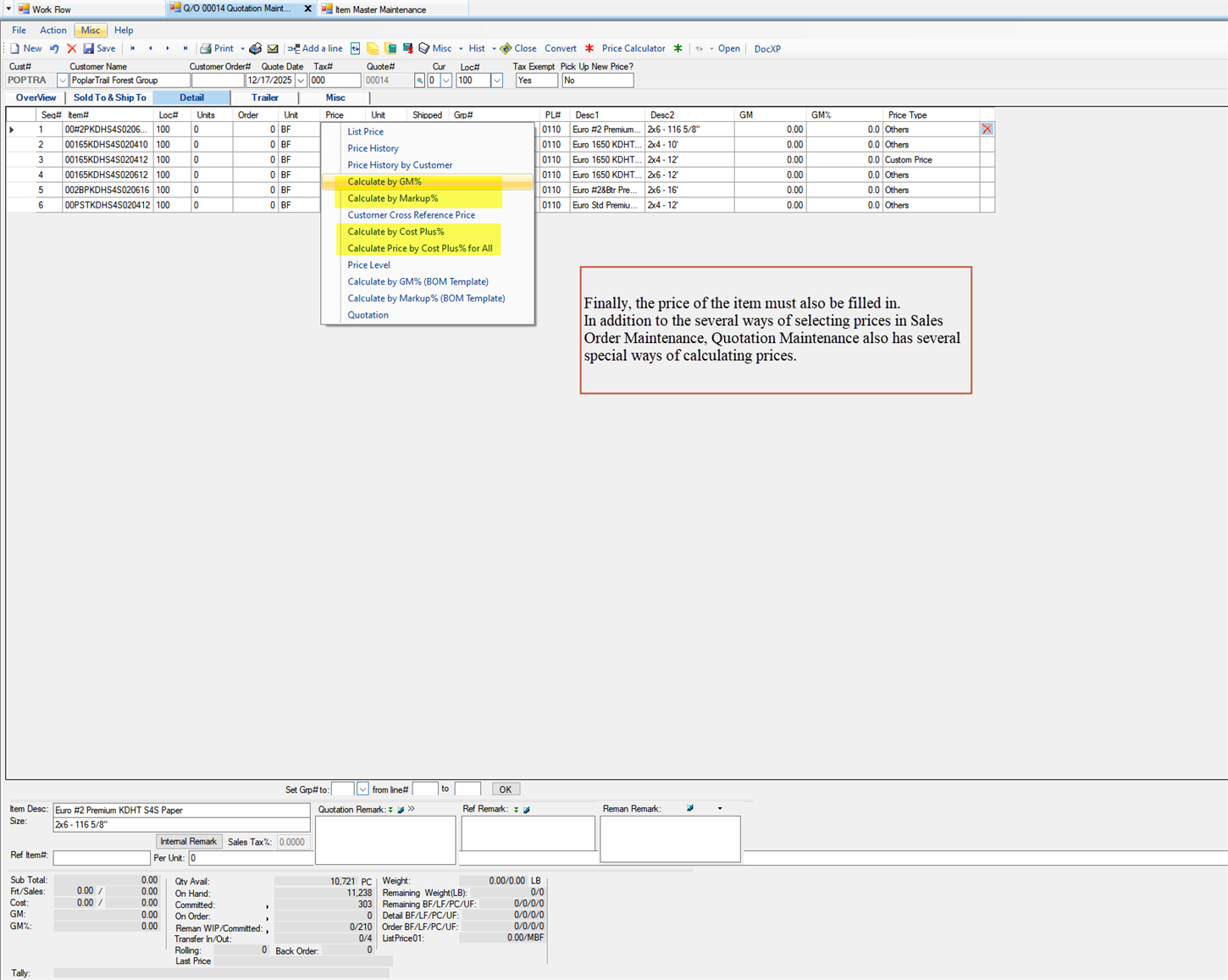 Quotation Maintenance Detail tab - Enter the Price