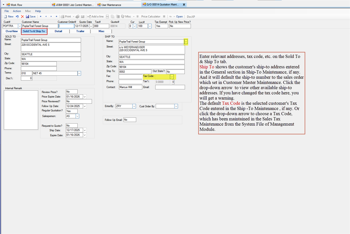 Quotation Maintenance Sold To & Ship To tab