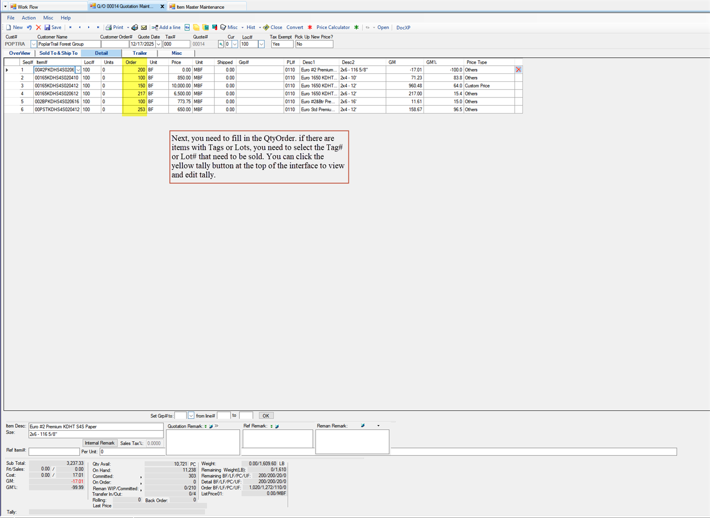 Quotation Maintenance Detail tab - Enter the Qty