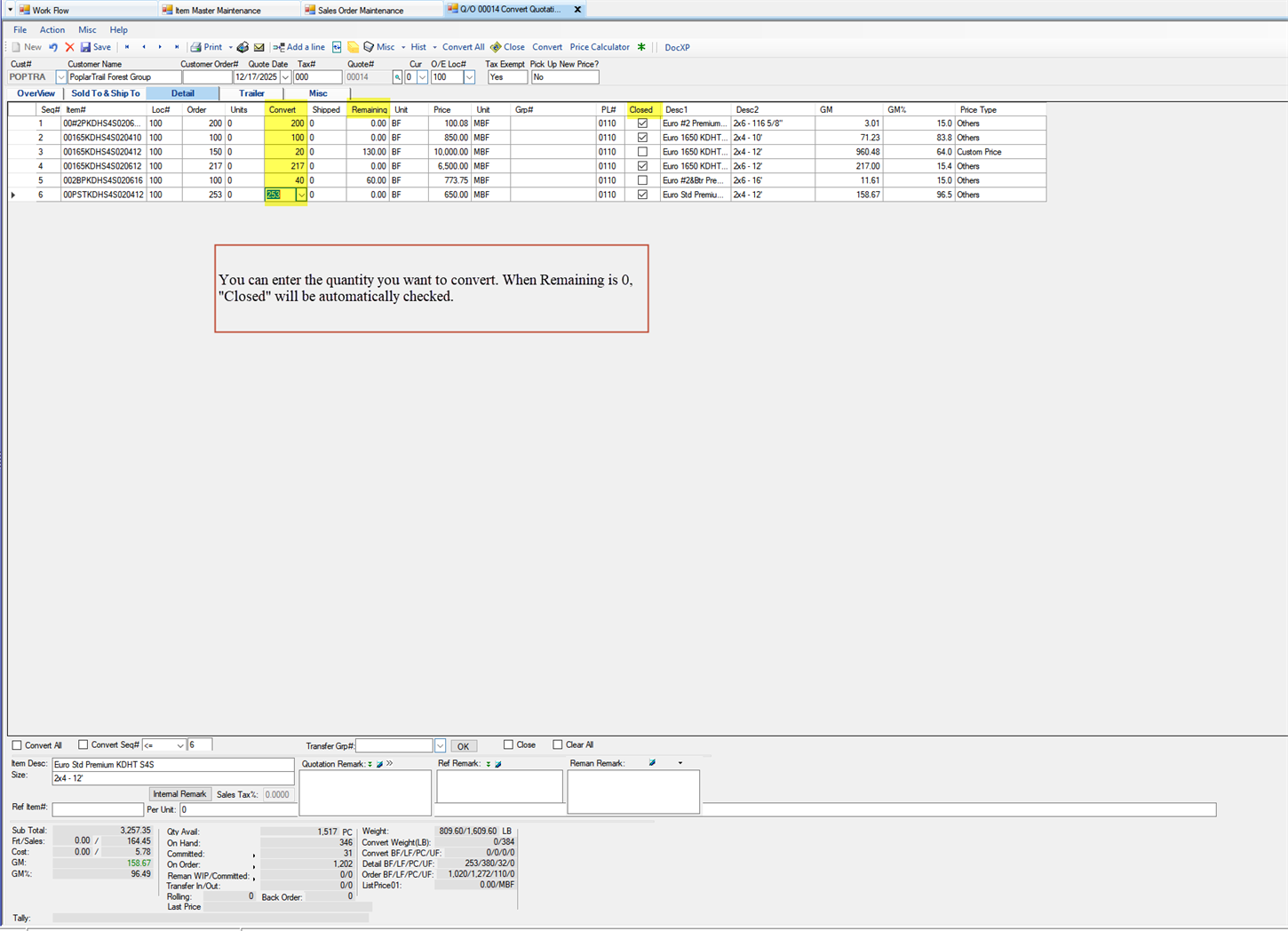 Convert Quotation Maintenance - Enter the Qty