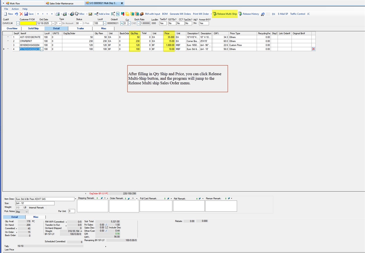 Multi-Ship Sales Order Maintenance - Enter Qty and Price