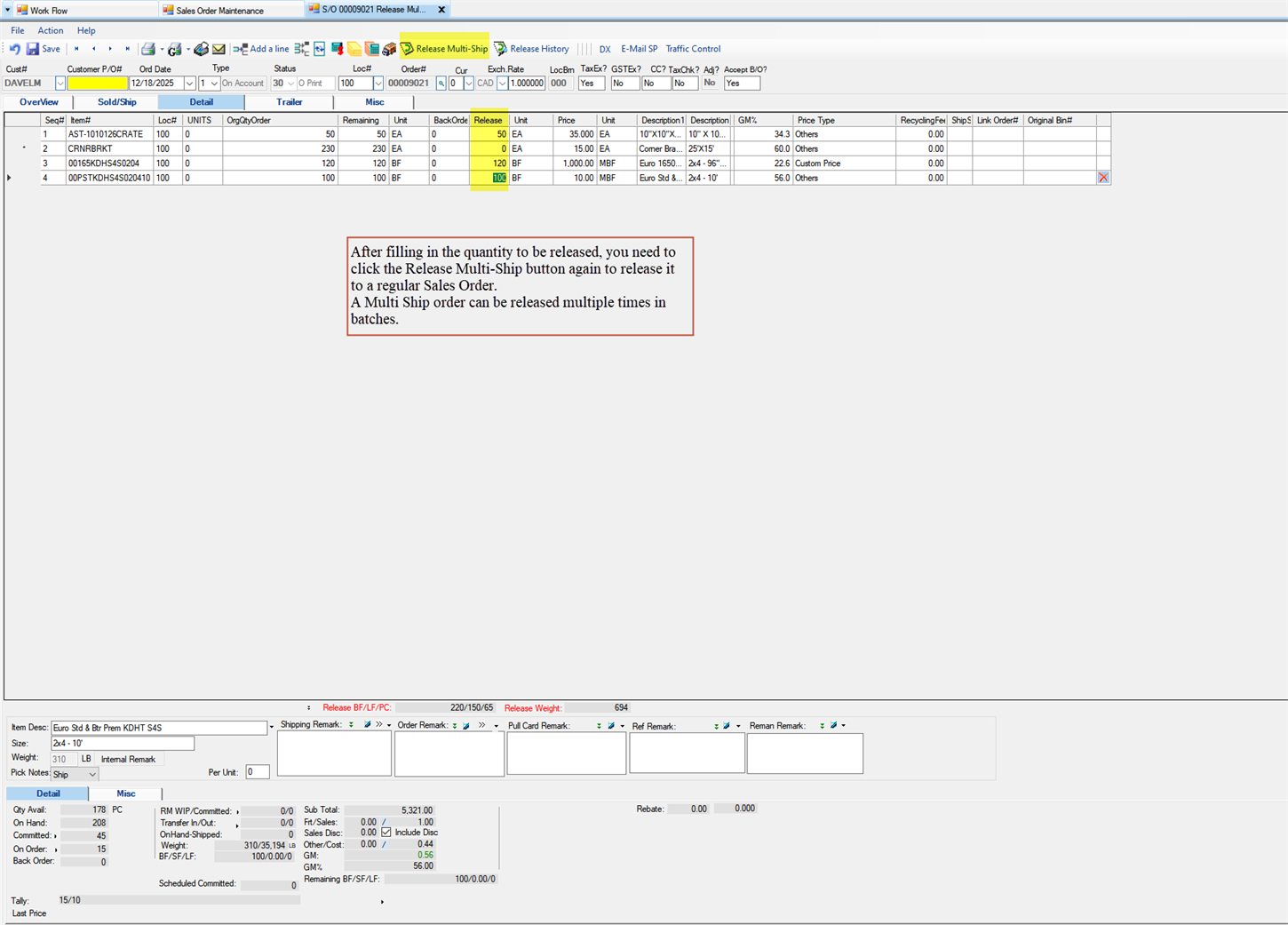 Release Multi-Ship Sales Order - Enter the Qty