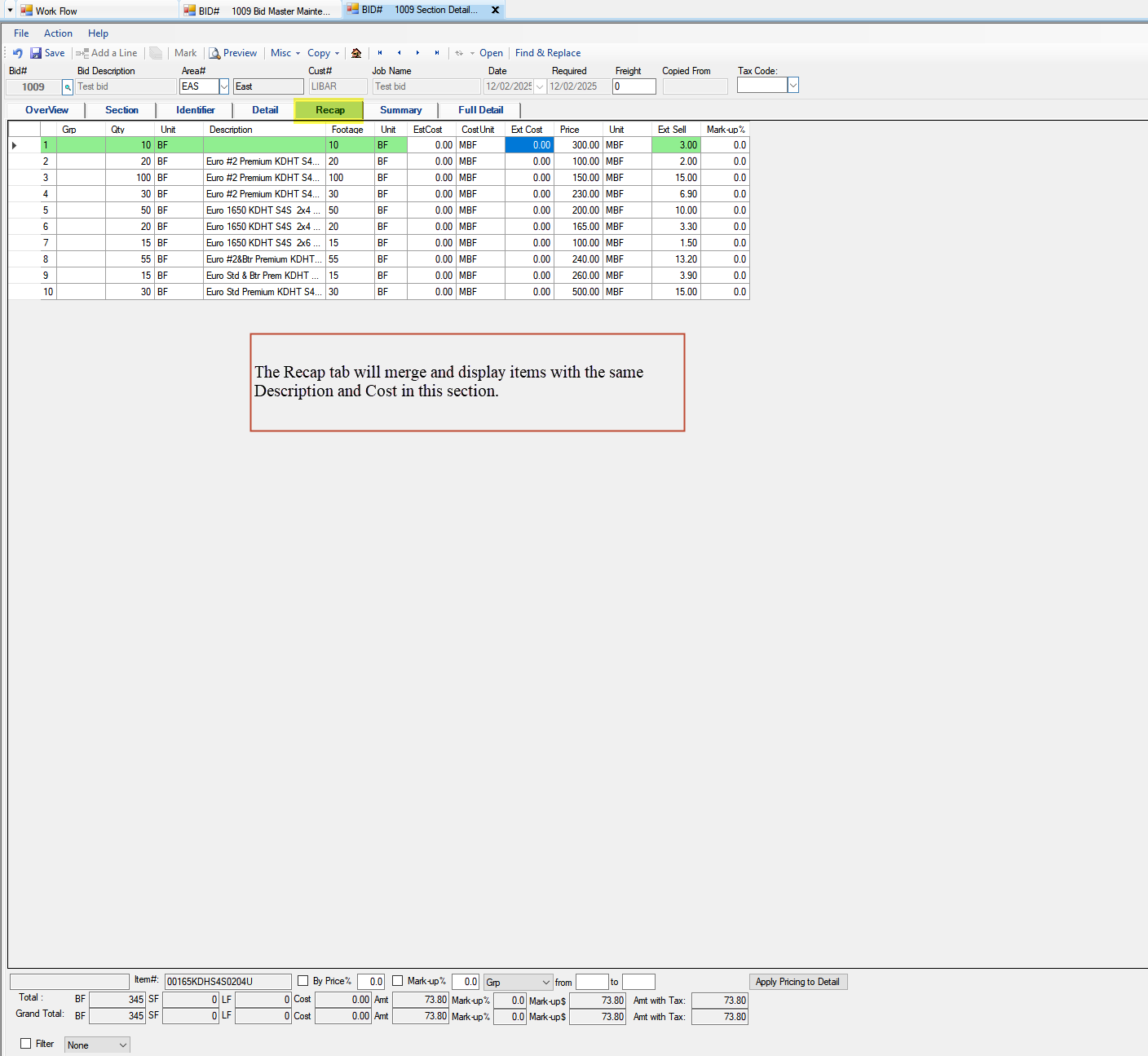 Section Detail Maintenance Recap tab