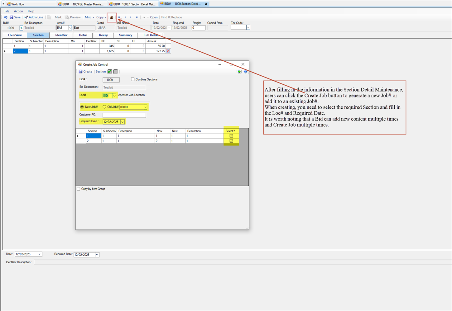 Section Detail Maintenance - Create Job Control