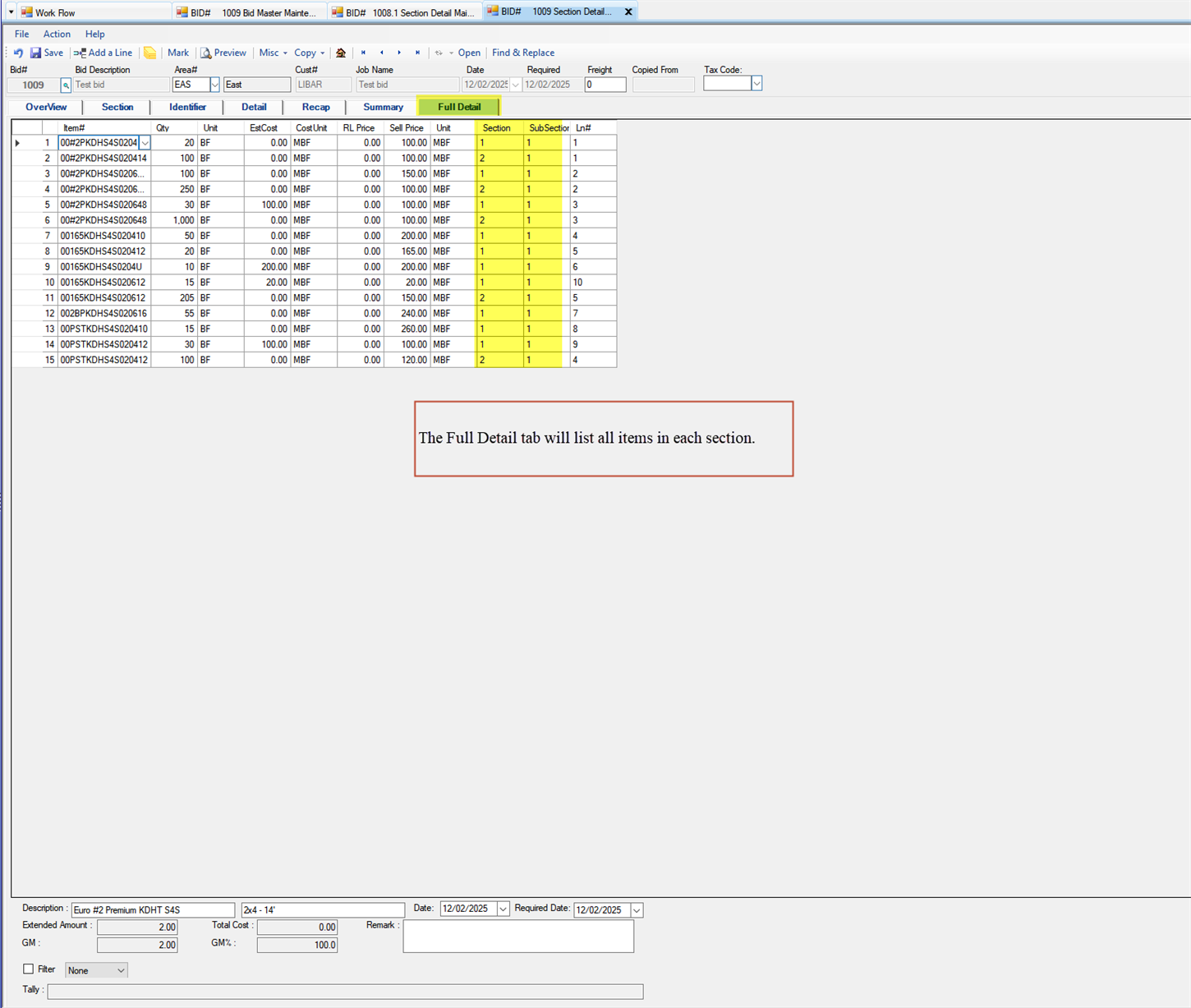 Section Detail Maintenance Full Detail tab