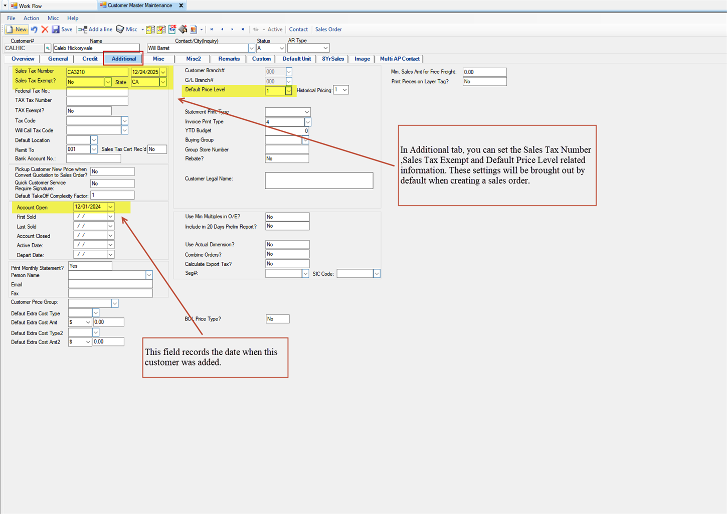Customer Master Maintenance Additional tab
