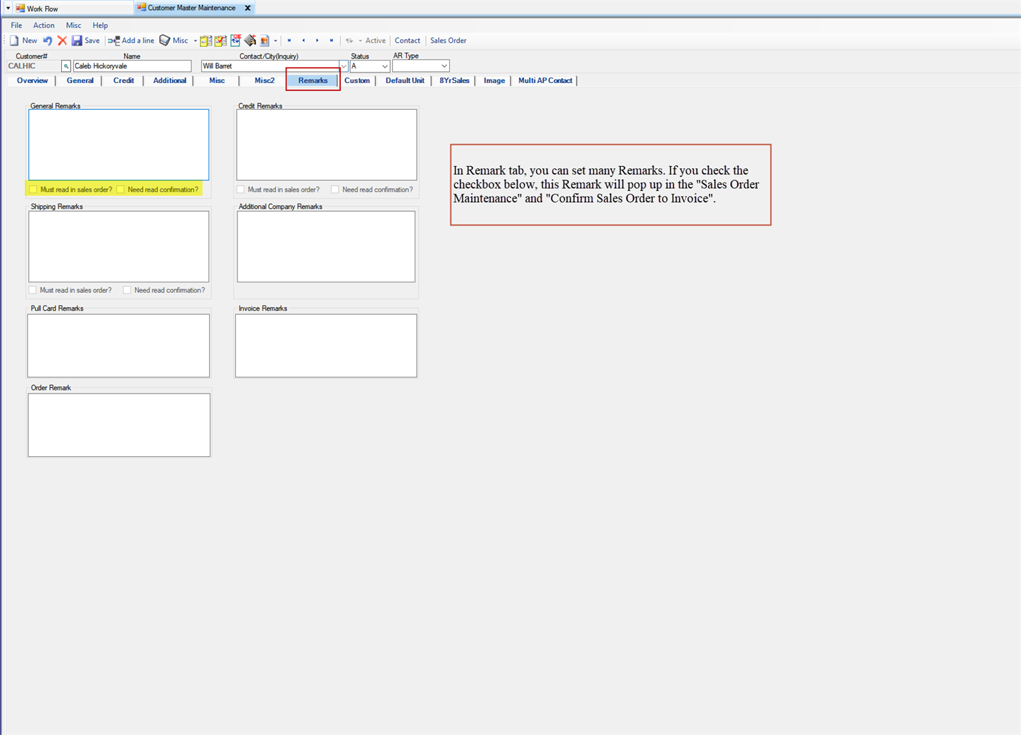 Customer Master Maintenance Remarks tab