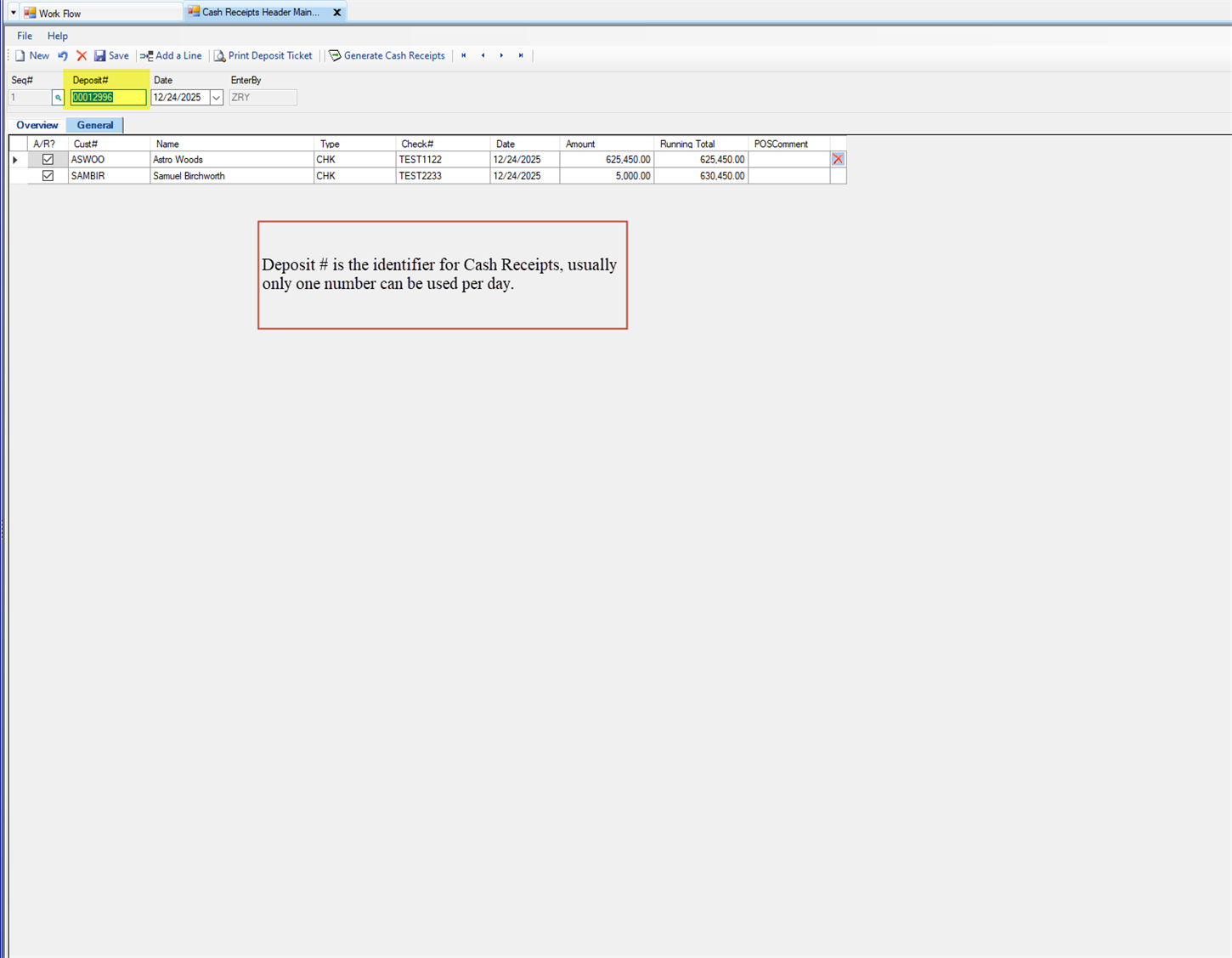 Cash Receipts Header Maintenance - Deposit#