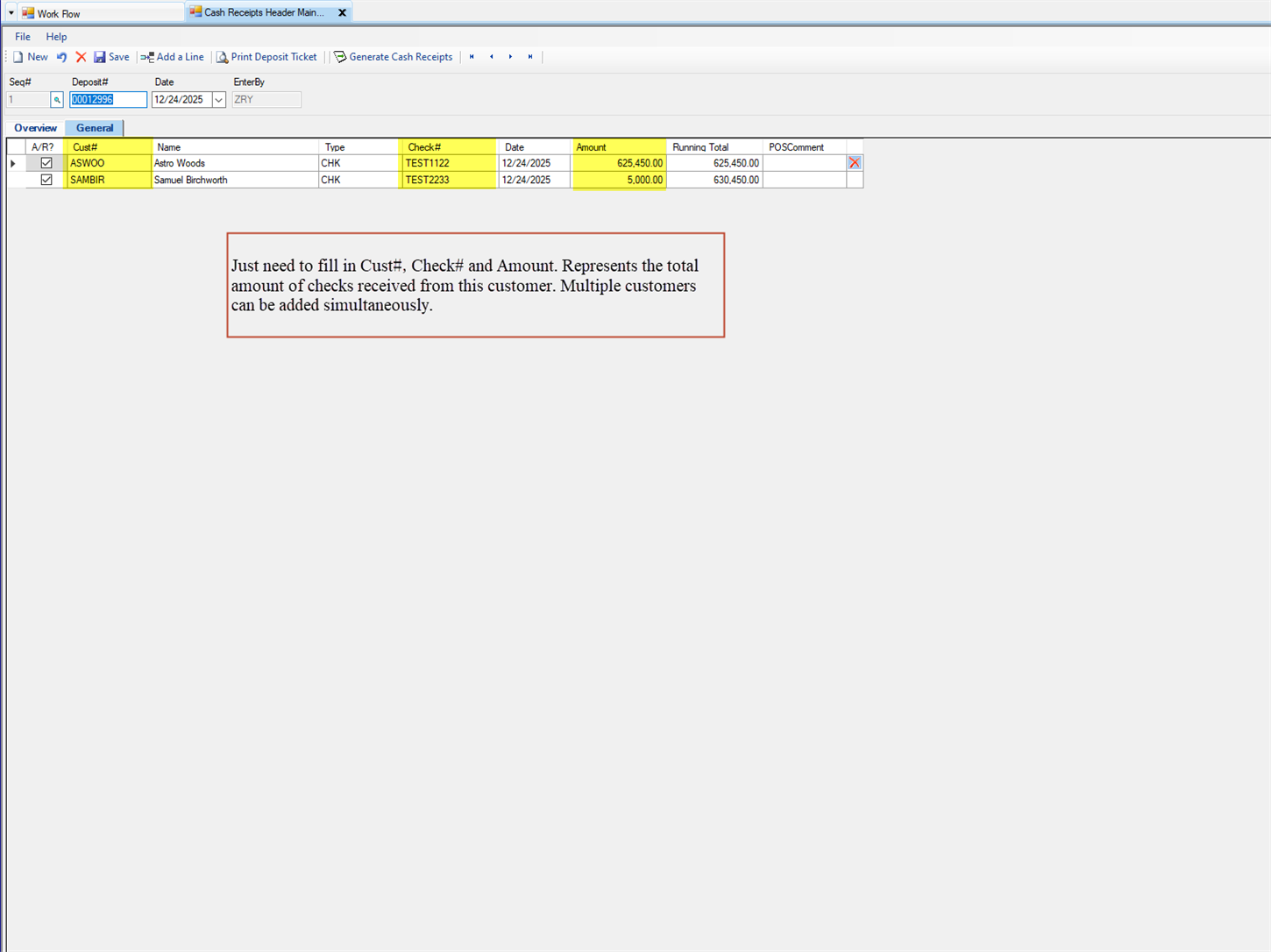Cash Receipts Header Maintenance - General tab