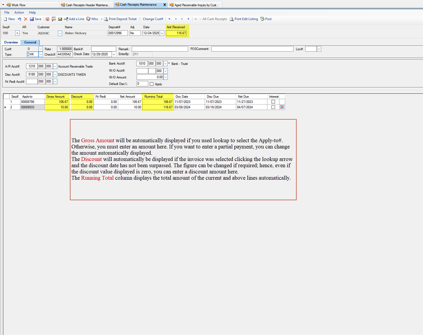 Cash Receipts Maintenance General tab - Enter the Amt