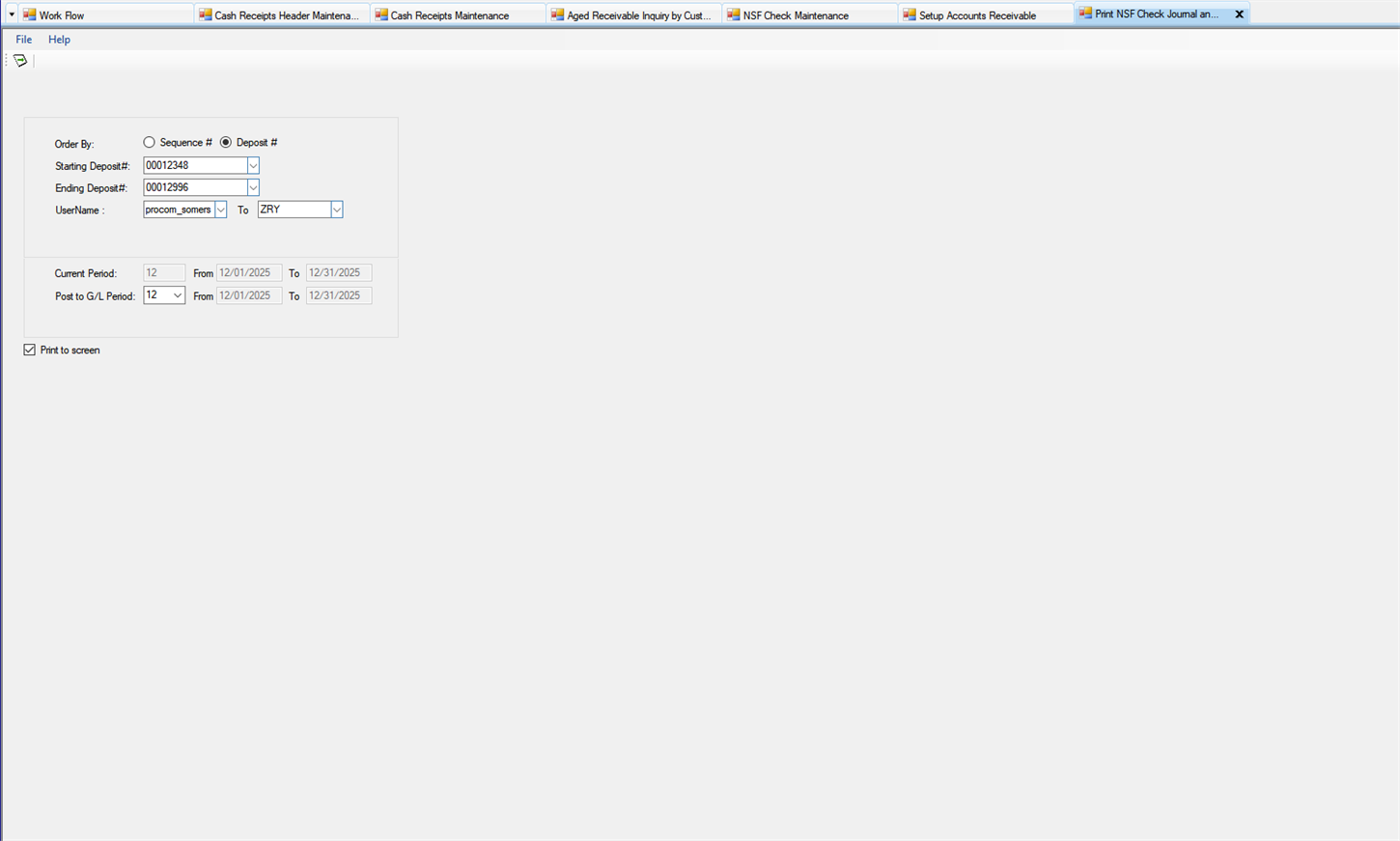 Print NSF Check Journal and Post